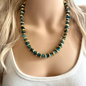 Natural Hawks Eye Emerald Chunky Statement Necklace, layering gem jewelry beaded gold single strand beaded, OOAK green gold gemstone