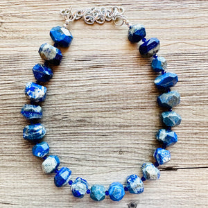 Natural Lapis Lazuli Beaded 1 strand Statement Necklace, Chunky Bib Single Jewelry stone jewelry, gemstone layering dark blue navy