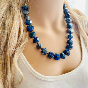 Natural Lapis Lazuli Beaded 1 strand Statement Necklace, Chunky Bib Single Jewelry stone jewelry, gemstone layering dark blue navy