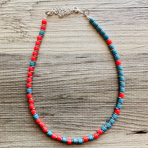 Cadet Blue + Red Block Layering Gunmetal Silver Ombré Beaded 1 Strand Necklace, Colorful Jewelry, statement jelly bean necklace confetti