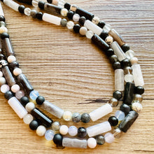 Load image into Gallery viewer, Black &amp; White Necklace OOAK multi strand jewelry, bib beaded chunky statement necklace, black necklace, bridesmaid necklace gray resin clear