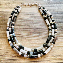 Load image into Gallery viewer, Black &amp; White Necklace OOAK multi strand jewelry, bib beaded chunky statement necklace, black necklace, bridesmaid necklace gray resin clear