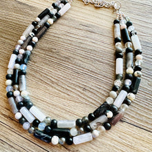 Load image into Gallery viewer, Black &amp; White Necklace OOAK multi strand jewelry, bib beaded chunky statement necklace, black necklace, bridesmaid necklace gray resin clear