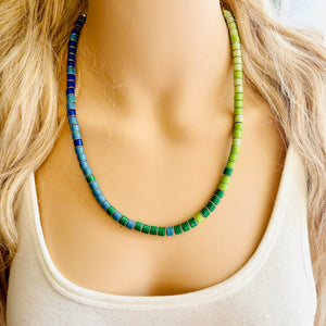 18K Gold Block Layering Blue & Green Beaded 1 Strand Necklace, Colorful Jewelry, Chunky statement necklace, jelly bean necklace confetti