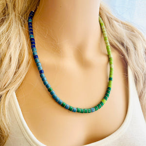 18K Gold Block Layering Blue & Green Beaded 1 Strand Necklace, Colorful Jewelry, Chunky statement necklace, jelly bean necklace confetti