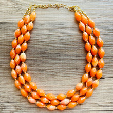 Load image into Gallery viewer, Clementine Statement Necklace, chunky bib beaded jewelry, Summer orange necklace, beaded acrylic jewelry orange 3 strand geometric