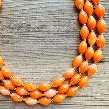 Load image into Gallery viewer, Clementine Statement Necklace, chunky bib beaded jewelry, Summer orange necklace, beaded acrylic jewelry orange 3 strand geometric