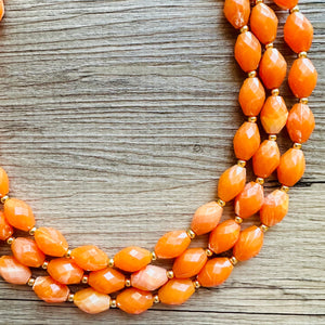 Clementine Statement Necklace, chunky bib beaded jewelry, Summer orange necklace, beaded acrylic jewelry orange 3 strand geometric