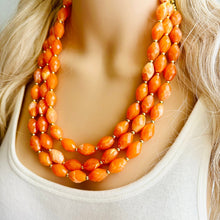 Load image into Gallery viewer, Clementine Statement Necklace, chunky bib beaded jewelry, Summer orange necklace, beaded acrylic jewelry orange 3 strand geometric