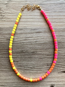 18K Gold Block Layering Pink Yellow Orange Beaded 1 Strand Necklace, Colorful Jewelry, Chunky statement, jelly bean necklace confetti