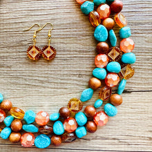 Load image into Gallery viewer, Morning Light Statement Necklace, multi Strand Beaded Jewelry, Blue Orange jewelry, gold and blue necklace, turquoise coral aqua big beaded
