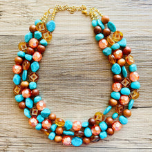 Load image into Gallery viewer, Morning Light Statement Necklace, multi Strand Beaded Jewelry, Blue Orange jewelry, gold and blue necklace, turquoise coral aqua big beaded