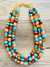 Load image into Gallery viewer, Morning Light Statement Necklace, multi Strand Beaded Jewelry, Blue Orange jewelry, gold and blue necklace, turquoise coral aqua big beaded