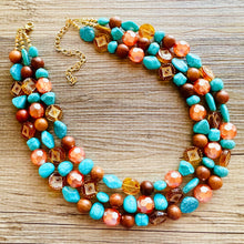 Load image into Gallery viewer, Morning Light Statement Necklace, multi Strand Beaded Jewelry, Blue Orange jewelry, gold and blue necklace, turquoise coral aqua big beaded
