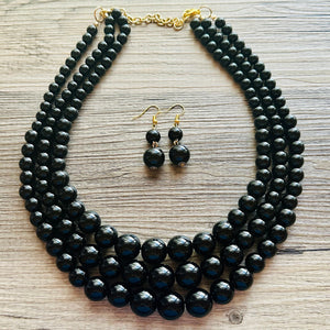 Black Graduated Necklace, 3 strand jewelry, round beaded chunky statement necklace, black necklace, black Pearl jewelry, formal drop long