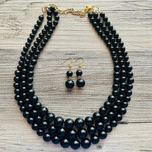 Load image into Gallery viewer, Black Graduated Necklace, 3 strand jewelry, round beaded chunky statement necklace, black necklace, black Pearl jewelry, formal drop long