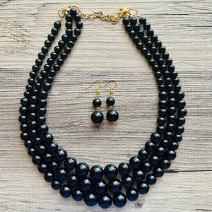 Black Graduated Necklace, 3 strand jewelry, round beaded chunky statement necklace, black necklace, black Pearl jewelry, formal drop long