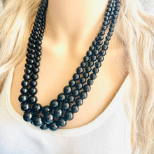 Load image into Gallery viewer, Black Graduated Necklace, 3 strand jewelry, round beaded chunky statement necklace, black necklace, black Pearl jewelry, formal drop long