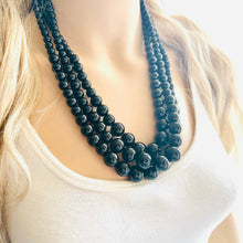 Load image into Gallery viewer, Black Graduated Necklace, 3 strand jewelry, round beaded chunky statement necklace, black necklace, black Pearl jewelry, formal drop long