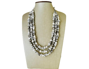 She Has Arrived chunky statement necklace, silver gray big bead jewelry gifts for women, bib jewelry Multi-Strand beaded rhinestone diamond