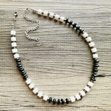 Load image into Gallery viewer, Black &amp; White Necklace OOAK multi strand jewelry, bib beaded chunky statement necklace, black necklace, bridesmaid necklace silver