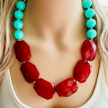 Load image into Gallery viewer, Maroon &amp; Mint Big Bead Necklace, single Strand Statement Jewelry, deep red mint green Chunky bib bridesmaid burgundy everyday bubble jewelry