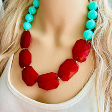 Load image into Gallery viewer, Maroon &amp; Mint Big Bead Necklace, single Strand Statement Jewelry, deep red mint green Chunky bib bridesmaid burgundy everyday bubble jewelry