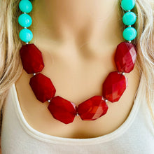 Load image into Gallery viewer, Maroon &amp; Mint Big Bead Necklace, single Strand Statement Jewelry, deep red mint green Chunky bib bridesmaid burgundy everyday bubble jewelry