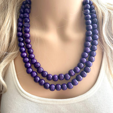 2 Strand Wood Beaded Necklace, eggplant Jewelry Chunky statement necklace, purple big beaded necklace jewelry, natural smooth wood