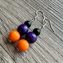 Load image into Gallery viewer, Orange Black &amp; Purple Halloween earrings, Triple bead orange jewelry, jack O Lantern pumpkin chunky big bead statement