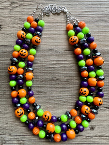 Orange Green Black & Purple Halloween Necklace, Triple strand orange jewelry, jack O Lantern pumpkin chunky big bead statement necklace
