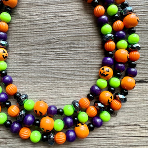 Orange Green Black & Purple Halloween Necklace, Triple strand orange jewelry, jack O Lantern pumpkin chunky big bead statement necklace