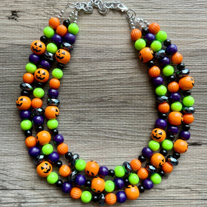 Orange Green Black & Purple Halloween Necklace, Triple strand orange jewelry, jack O Lantern pumpkin chunky big bead statement necklace
