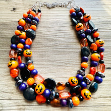 Load image into Gallery viewer, Orange Black &amp; Purple Halloween Necklace, Triple strand orange jewelry, jack O Lantern pumpkin chunky big bead statement necklace