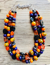 Load image into Gallery viewer, Orange Black &amp; Purple Halloween Necklace, Triple strand orange jewelry, jack O Lantern pumpkin chunky big bead statement necklace