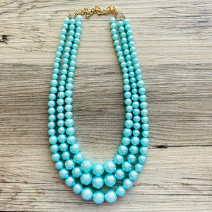 Turquoise Graduated Necklace, 3 strand jewelry, round beaded chunky statement necklace, blue necklace, light blue jewelry, formal drop long