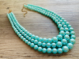 Turquoise Graduated Necklace, 3 strand jewelry, round beaded chunky statement necklace, blue necklace, light blue jewelry, formal drop long