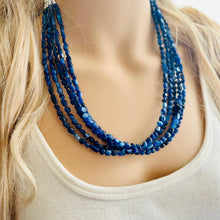 Load image into Gallery viewer, Natural Kyanite Cyanite Disthene Royal Blue Necklace, 5 Strand Statement Chunky bib bridesmaid everyday bubble jewelry, crackle beaded