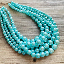 Load image into Gallery viewer, Turquoise Graduated Necklace, 5 strand jewelry, round beaded chunky statement necklace, blue necklace, light blue jewelry, formal drop long