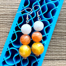 Load image into Gallery viewer, Candy Corn Halloween earrings, Triple bead orange jewelry, jack O Lantern pumpkin chunky big bead statement yellow orange white