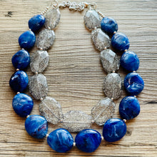 Load image into Gallery viewer, Blue &amp; Gray Big Beaded Necklace, multi strand jewelry bib collar chunky statement necklace, royal blue necklace, bridesmaid necklace
