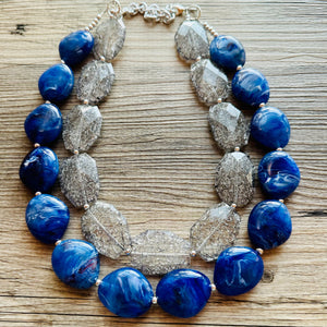 Blue & Gray Big Beaded Necklace, multi strand jewelry bib collar chunky statement necklace, royal blue necklace, bridesmaid necklace