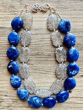 Load image into Gallery viewer, Blue &amp; Gray Big Beaded Necklace, multi strand jewelry bib collar chunky statement necklace, royal blue necklace, bridesmaid necklace