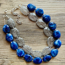 Load image into Gallery viewer, Blue &amp; Gray Big Beaded Necklace, multi strand jewelry bib collar chunky statement necklace, royal blue necklace, bridesmaid necklace