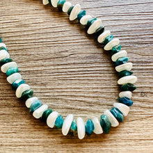 Load image into Gallery viewer, Natural Hawks Eye Emerald Chunky Statement Necklace, layering gem jewelry beaded gold single strand beaded, OOAK green white pearl gemstone