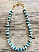 Load image into Gallery viewer, Natural Hawks Eye Emerald Chunky Statement Necklace, layering gem jewelry beaded gold single strand beaded, OOAK green white pearl gemstone