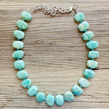 Load image into Gallery viewer, Prehnite GemStone Chunky Statement Necklace, green agate gemstone necklace, gem jewelry beaded necklace, turquoise jewelry pendant long