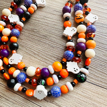 Load image into Gallery viewer, Three Strand Halloween Orange chunky Statement Necklace, orange beaded jewelry, black October necklace, ghost purple pumpkin