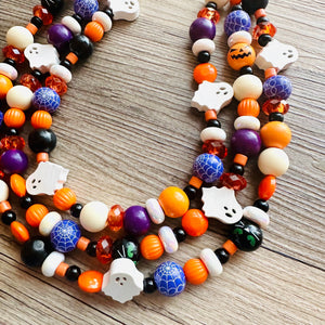 Three Strand Halloween Orange chunky Statement Necklace, orange beaded jewelry, black October necklace, ghost purple pumpkin