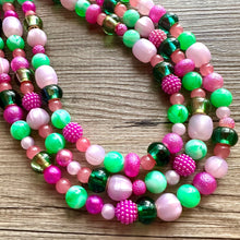 Load image into Gallery viewer, Watermelon popsicle OOAK chunky beaded statement necklace, neon pink mint lime raspberry necklace jewelry, beaded vacation necklace